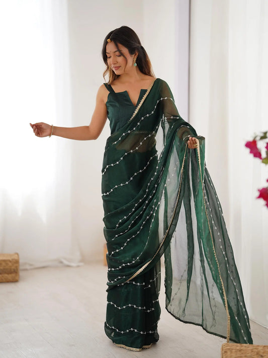 Dark Green Sitara Chiffon  with Designer Beads, Moti & Sequins Work Saree