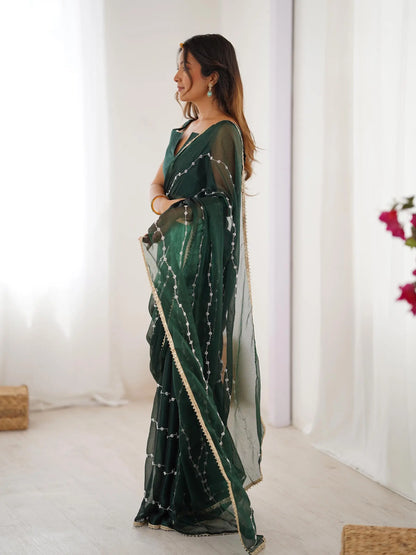 Dark Green Sitara Chiffon  with Designer Beads, Moti & Sequins Work Saree
