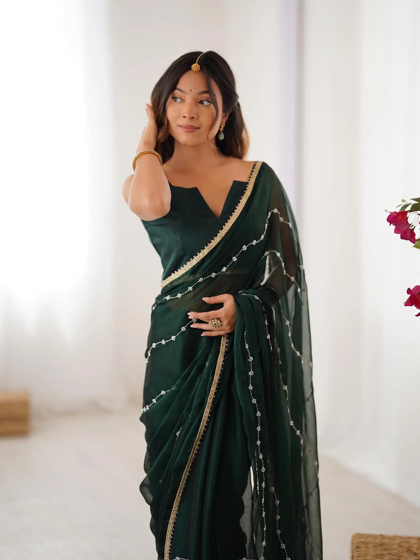 Dark Green Sitara Chiffon  with Designer Beads, Moti & Sequins Work Saree