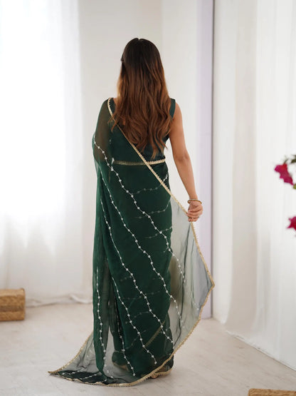 Dark Green Sitara Chiffon  with Designer Beads, Moti & Sequins Work Saree