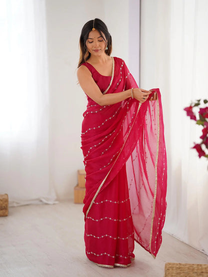 Red  Sitara Chiffon  with Designer Beads, Moti & Sequins Work Saree