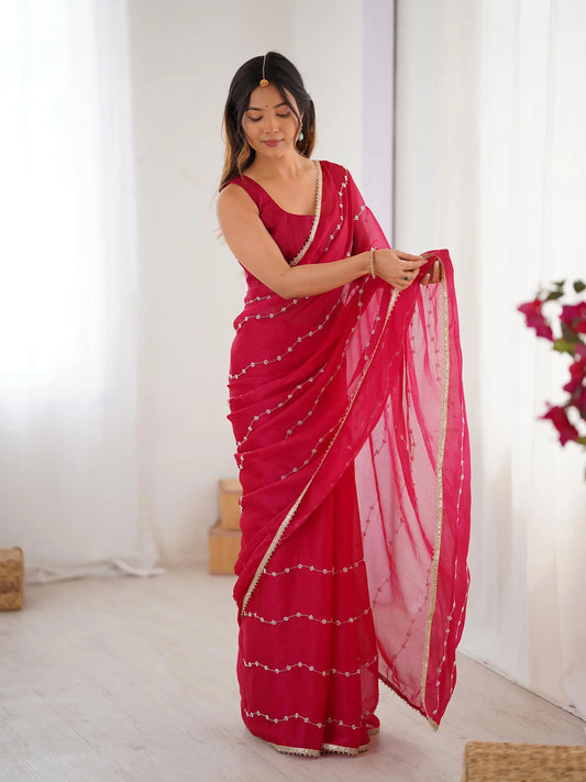 Red  Sitara Chiffon  with Designer Beads, Moti & Sequins Work Saree
