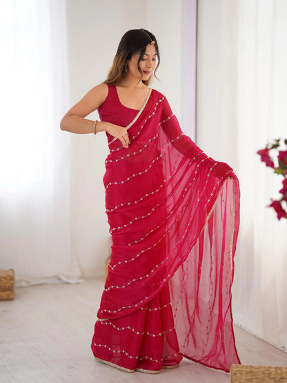 Red  Sitara Chiffon  with Designer Beads, Moti & Sequins Work Saree