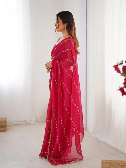 Red  Sitara Chiffon  with Designer Beads, Moti & Sequins Work Saree