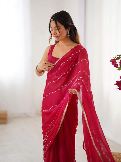 Red  Sitara Chiffon  with Designer Beads, Moti & Sequins Work Saree