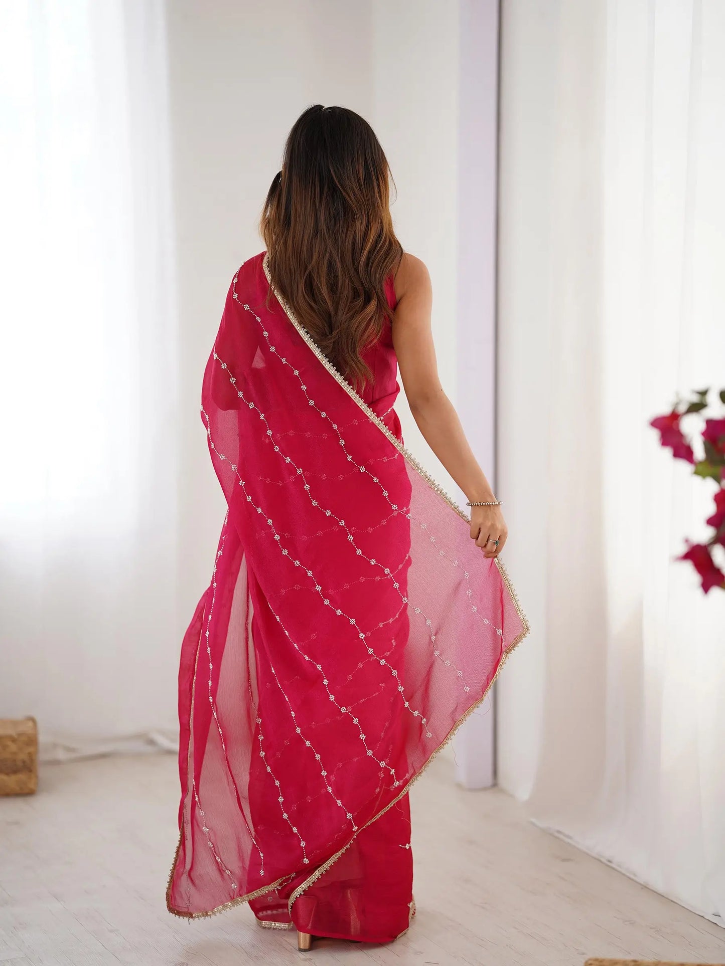 Red  Sitara Chiffon  with Designer Beads, Moti & Sequins Work Saree