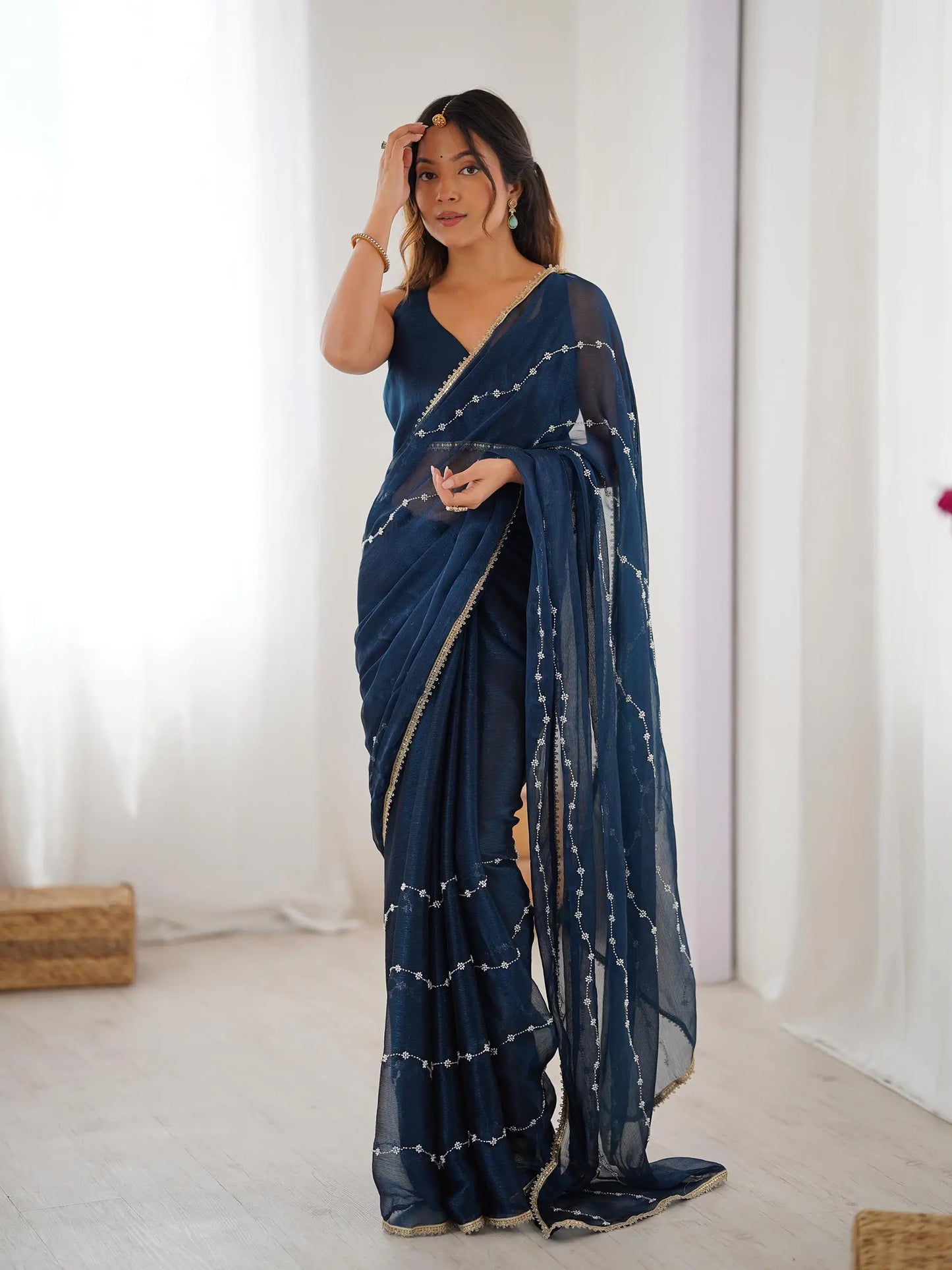 Dark Blue Sitara Chiffon  with Designer Beads, Moti & Sequins Work Saree