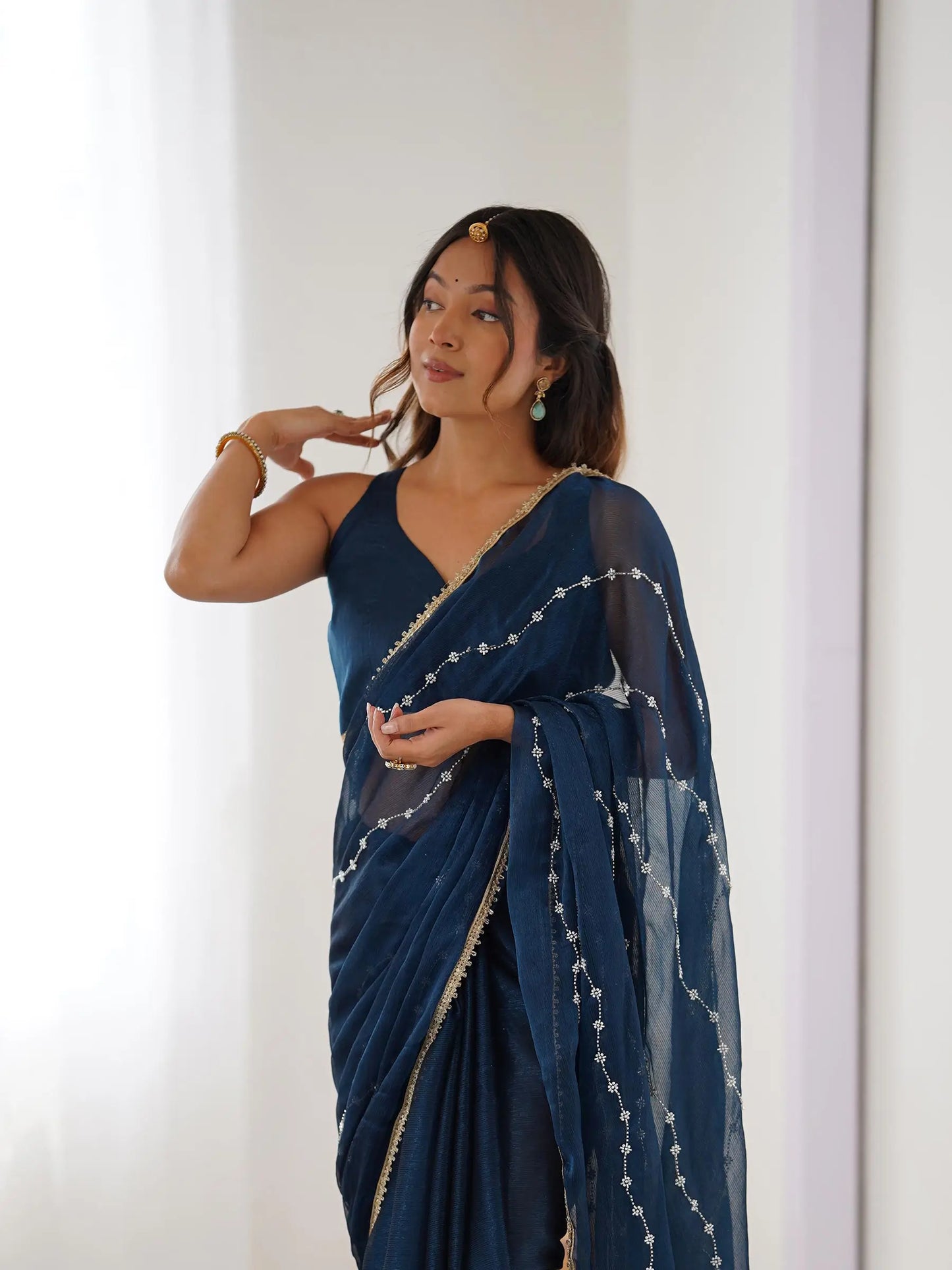 Dark Blue Sitara Chiffon  with Designer Beads, Moti & Sequins Work Saree