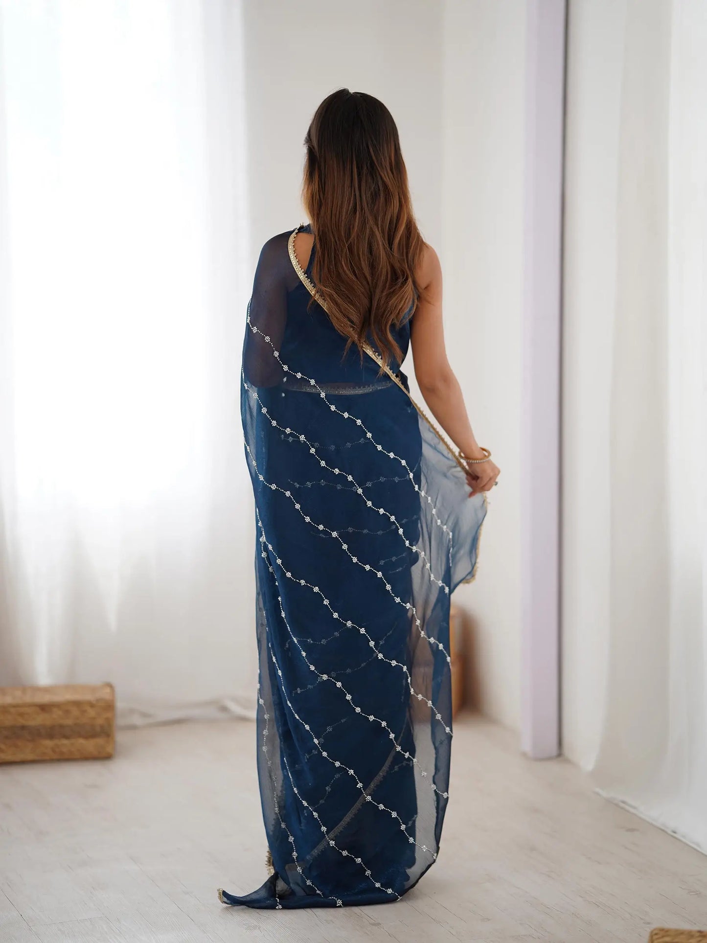 Dark Blue Sitara Chiffon  with Designer Beads, Moti & Sequins Work Saree