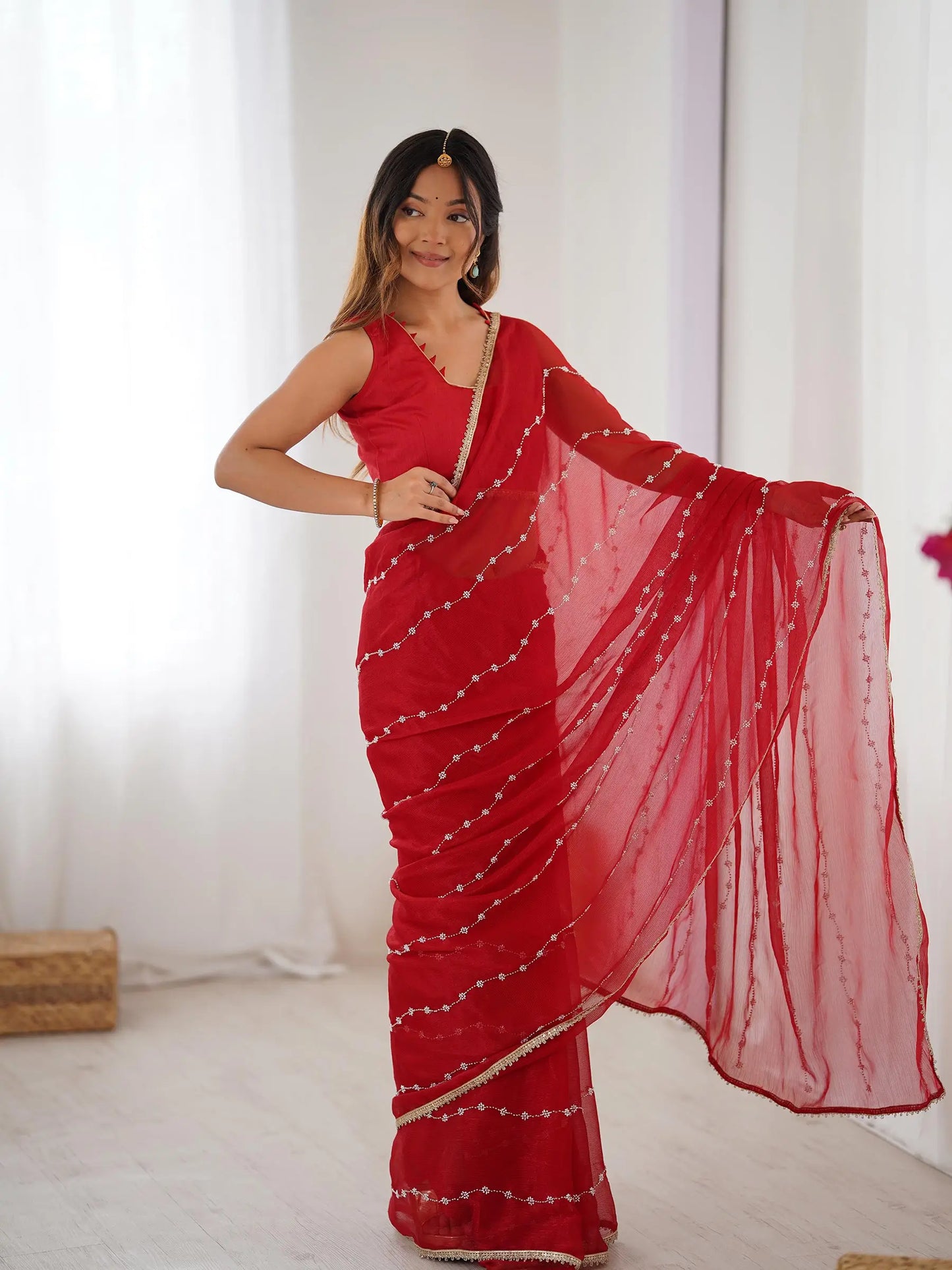 Dark Red Sitara Chiffon  with Designer Beads, Moti & Sequins Work Saree