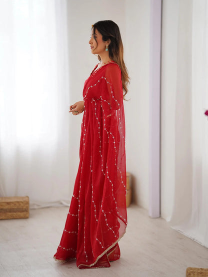 Dark Red Sitara Chiffon  with Designer Beads, Moti & Sequins Work Saree