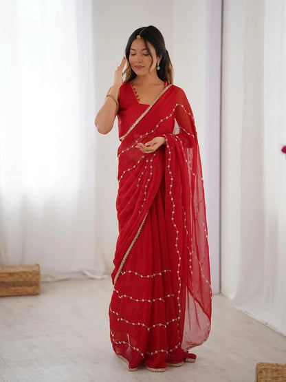 Dark Red Sitara Chiffon  with Designer Beads, Moti & Sequins Work Saree