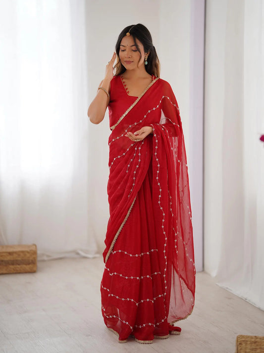 Dark Red Sitara Chiffon  with Designer Beads, Moti & Sequins Work Saree