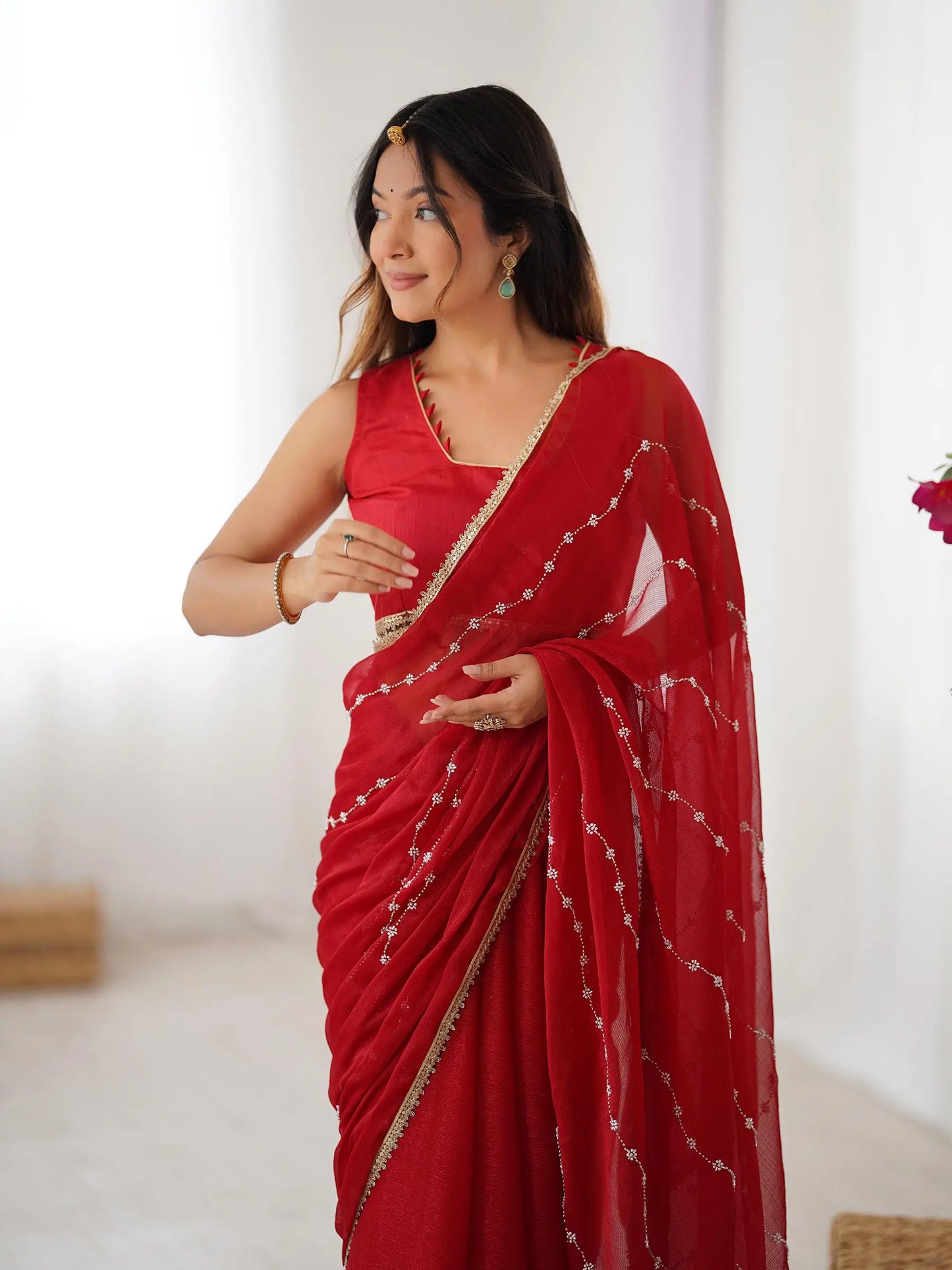 Dark Red Sitara Chiffon  with Designer Beads, Moti & Sequins Work Saree