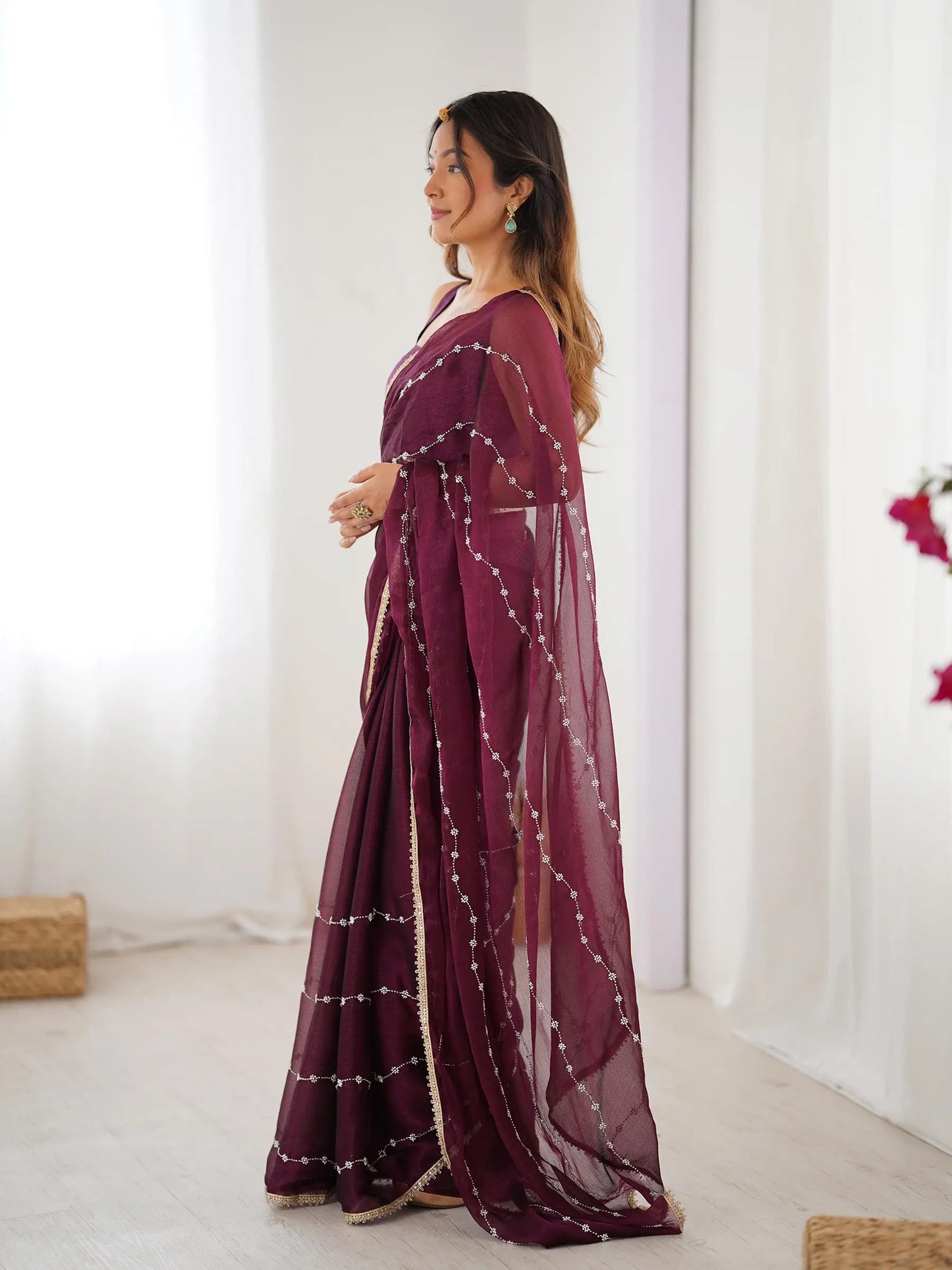 Wine Sitara Chiffon  with Designer Beads, Moti & Sequins Work Saree