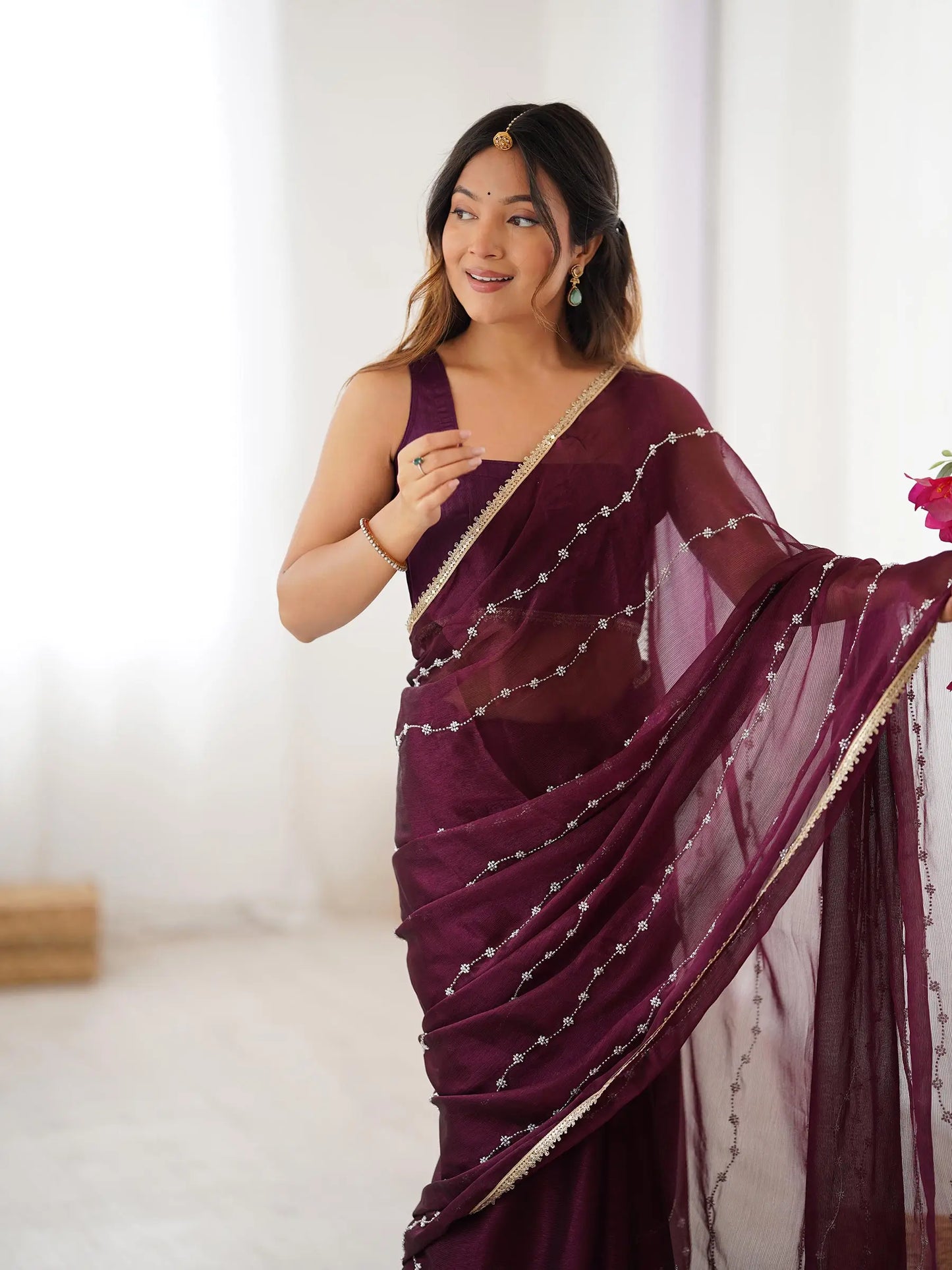 Wine Sitara Chiffon  with Designer Beads, Moti & Sequins Work Saree