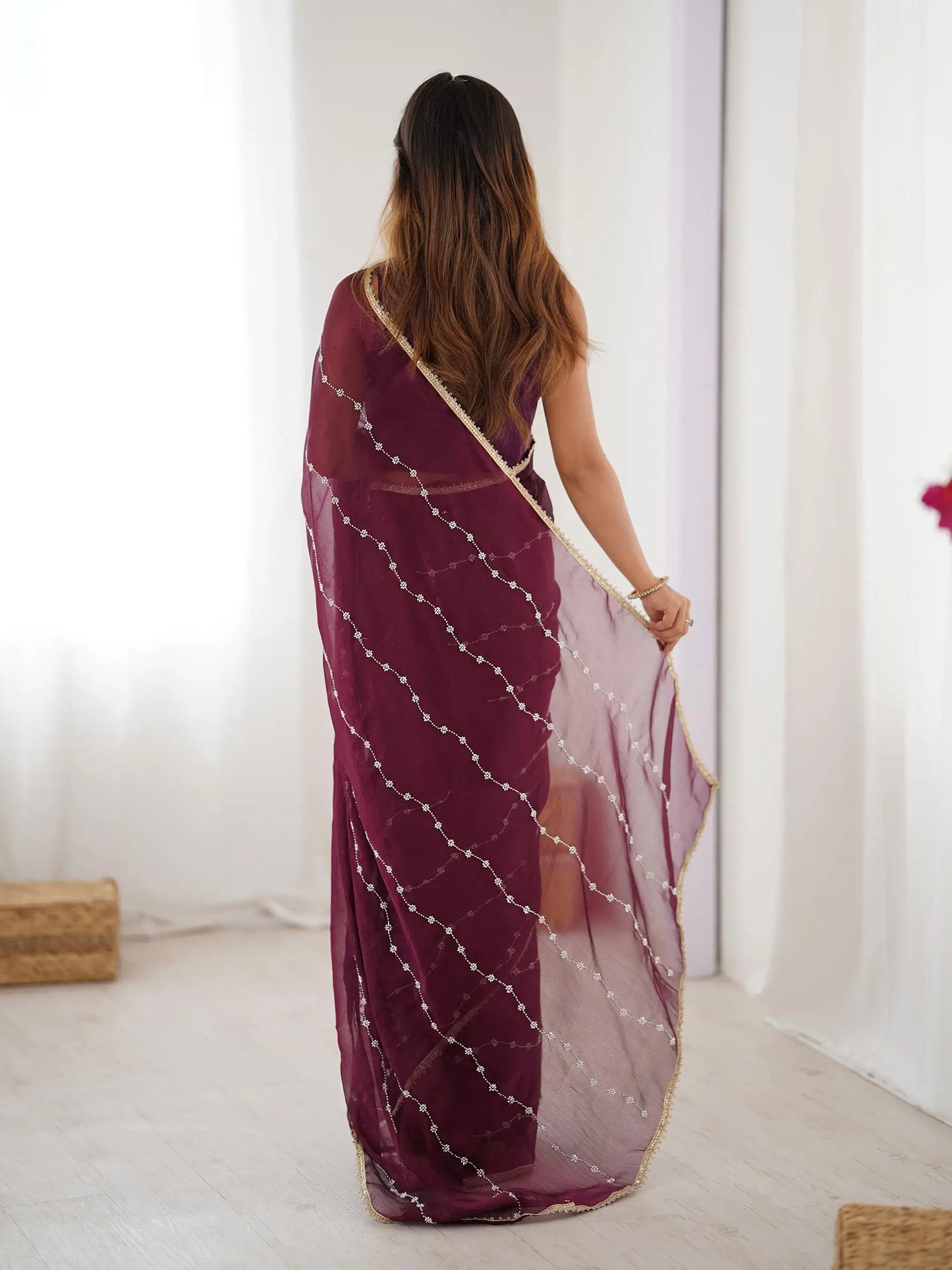 Wine Sitara Chiffon  with Designer Beads, Moti & Sequins Work Saree