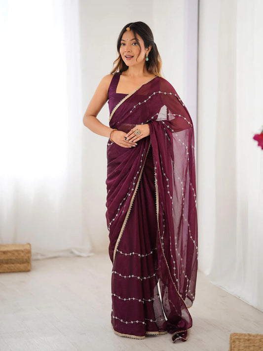 Wine Sitara Chiffon  with Designer Beads, Moti & Sequins Work Saree