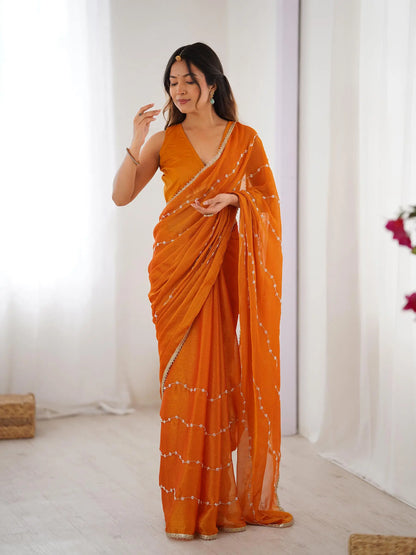 Mustard Yellow Sitara Chiffon  with Designer Beads, Moti & Sequins Work Saree
