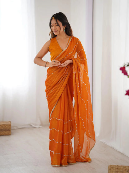 Mustard Yellow Sitara Chiffon  with Designer Beads, Moti & Sequins Work Saree