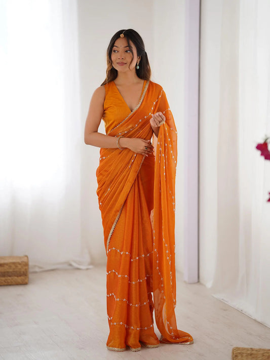 Mustard Yellow Sitara Chiffon  with Designer Beads, Moti & Sequins Work Saree
