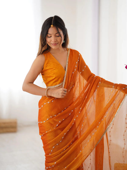 Mustard Yellow Sitara Chiffon  with Designer Beads, Moti & Sequins Work Saree