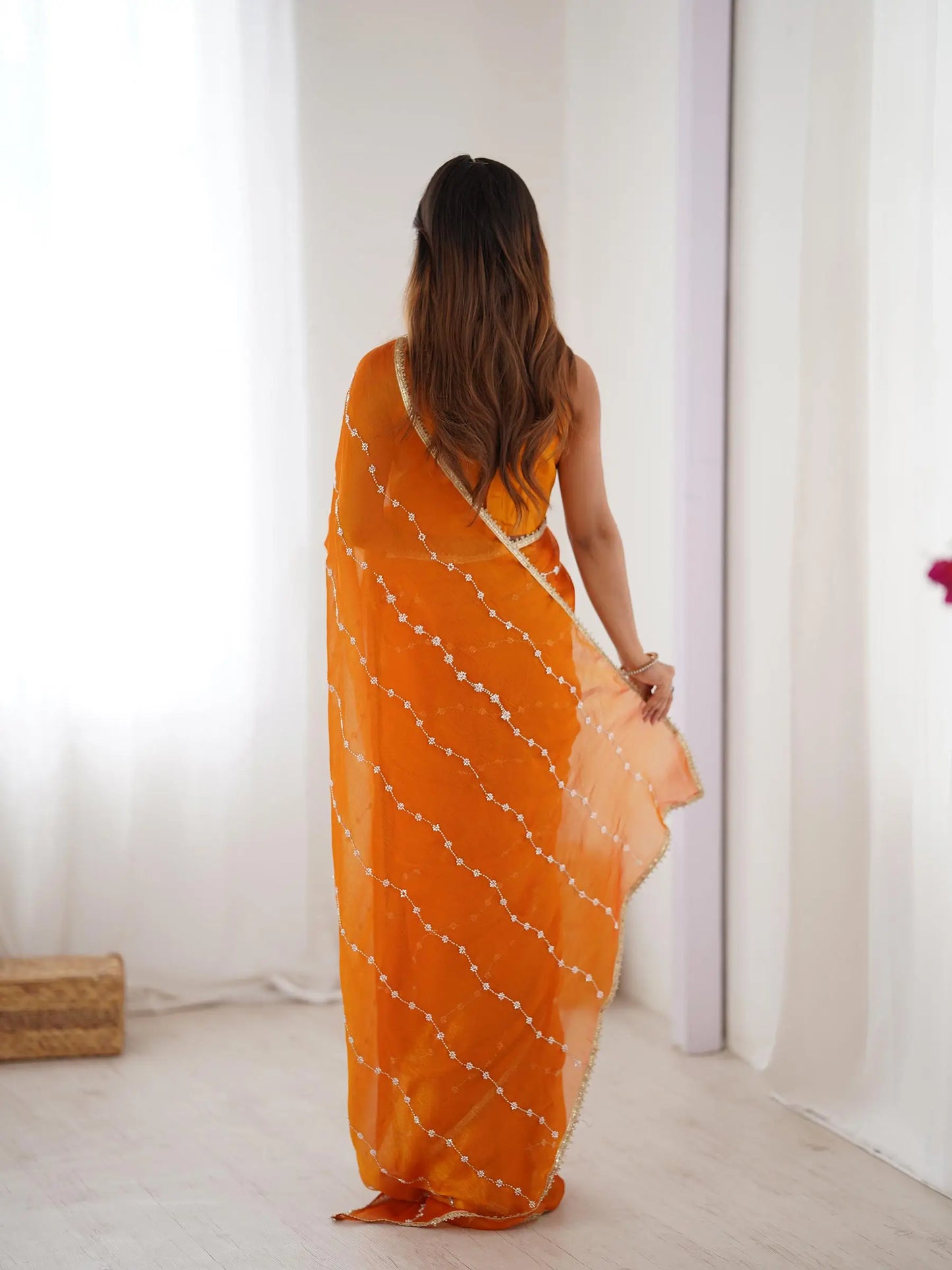 Mustard Yellow Sitara Chiffon  with Designer Beads, Moti & Sequins Work Saree