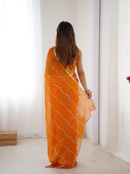 Mustard Yellow Sitara Chiffon  with Designer Beads, Moti & Sequins Work Saree