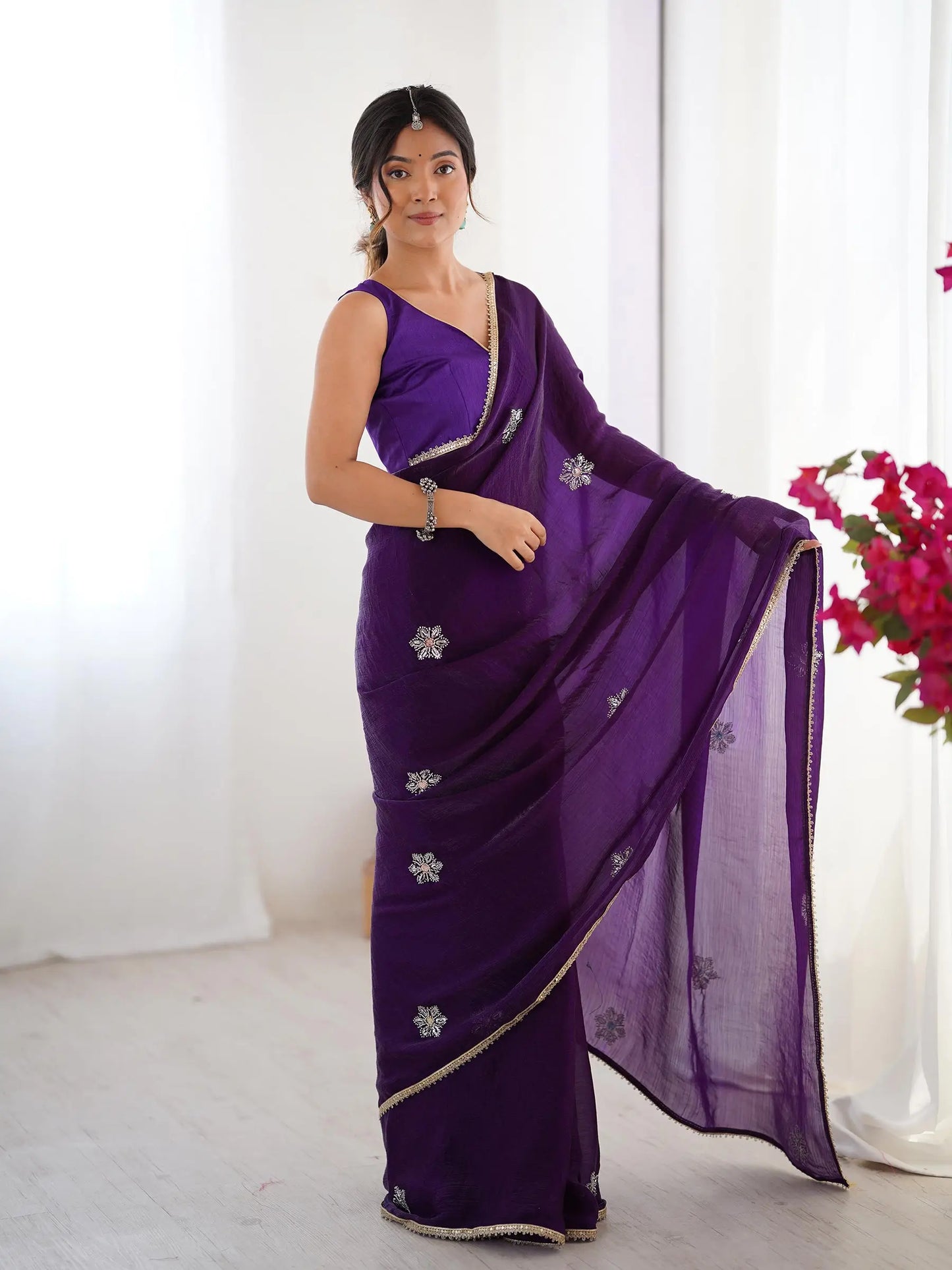 Dark Purple  Designer Fendy Saree with Beads & Sequin Work
