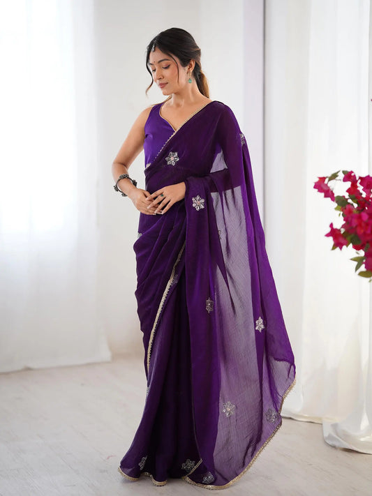 Dark Purple  Designer Fendy Saree with Beads & Sequin Work