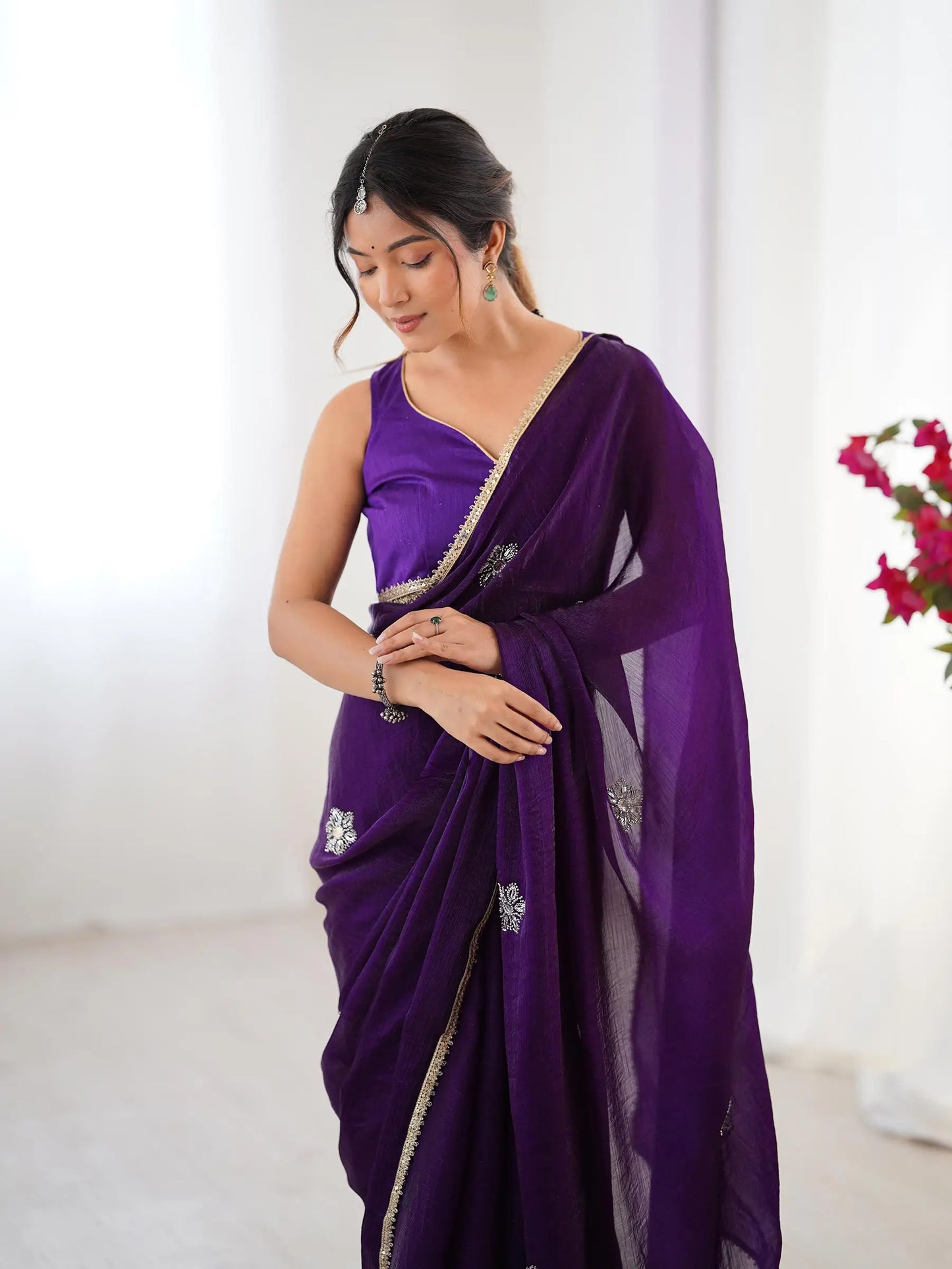 Dark Purple  Designer Fendy Saree with Beads & Sequin Work