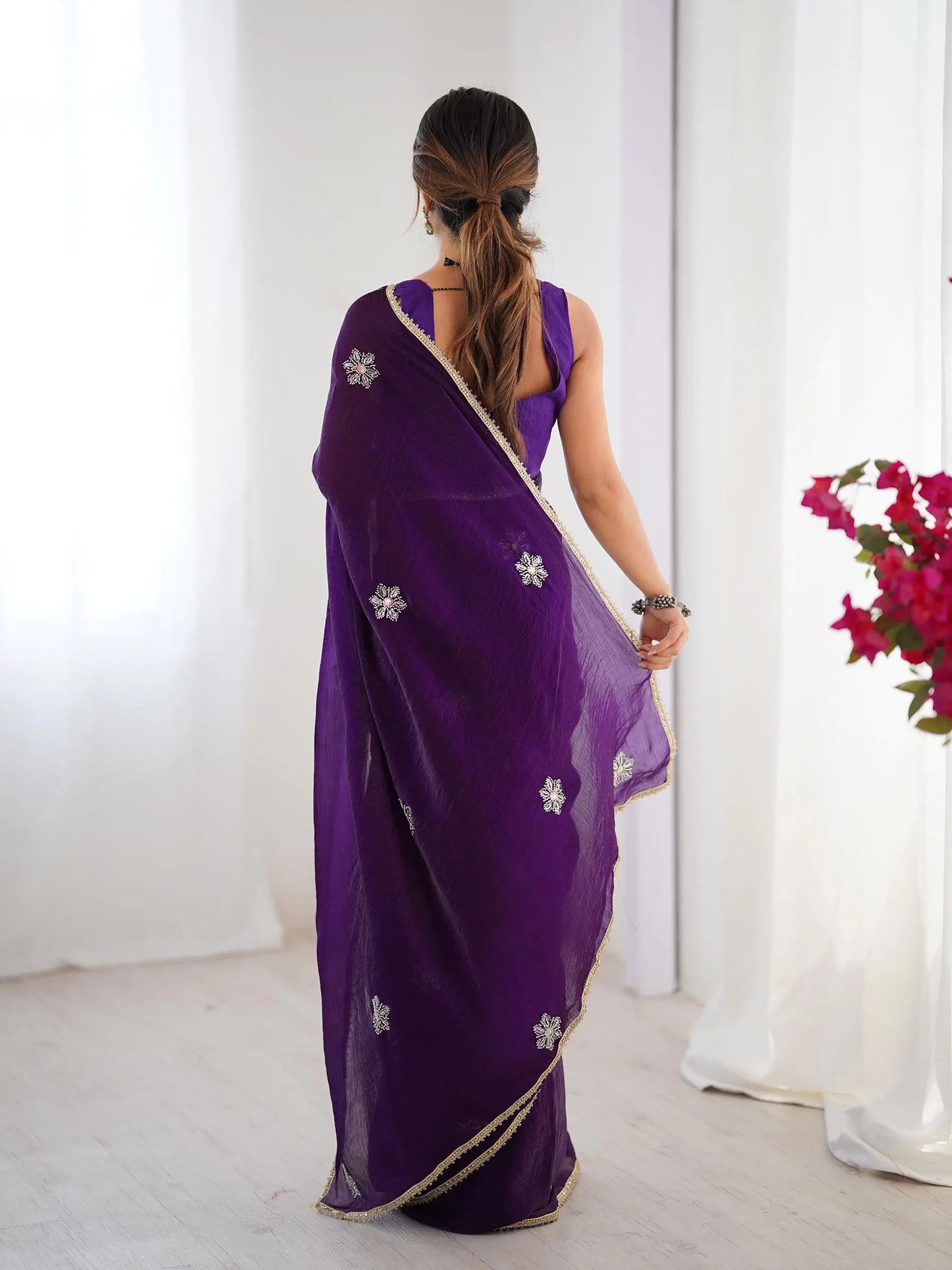 Dark Purple  Designer Fendy Saree with Beads & Sequin Work