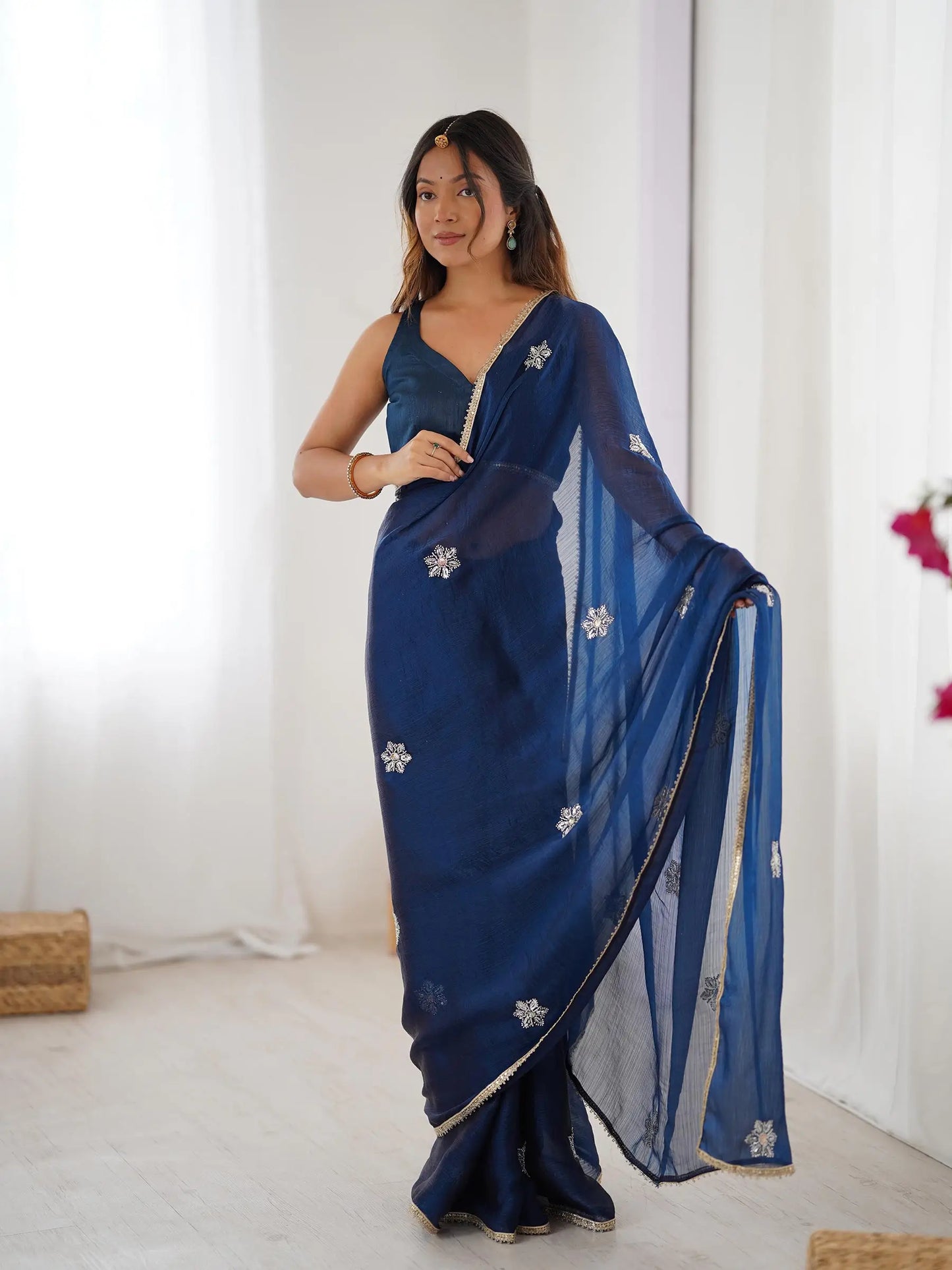 Dark Blue Designer Fendy Saree with Beads & Sequin Work