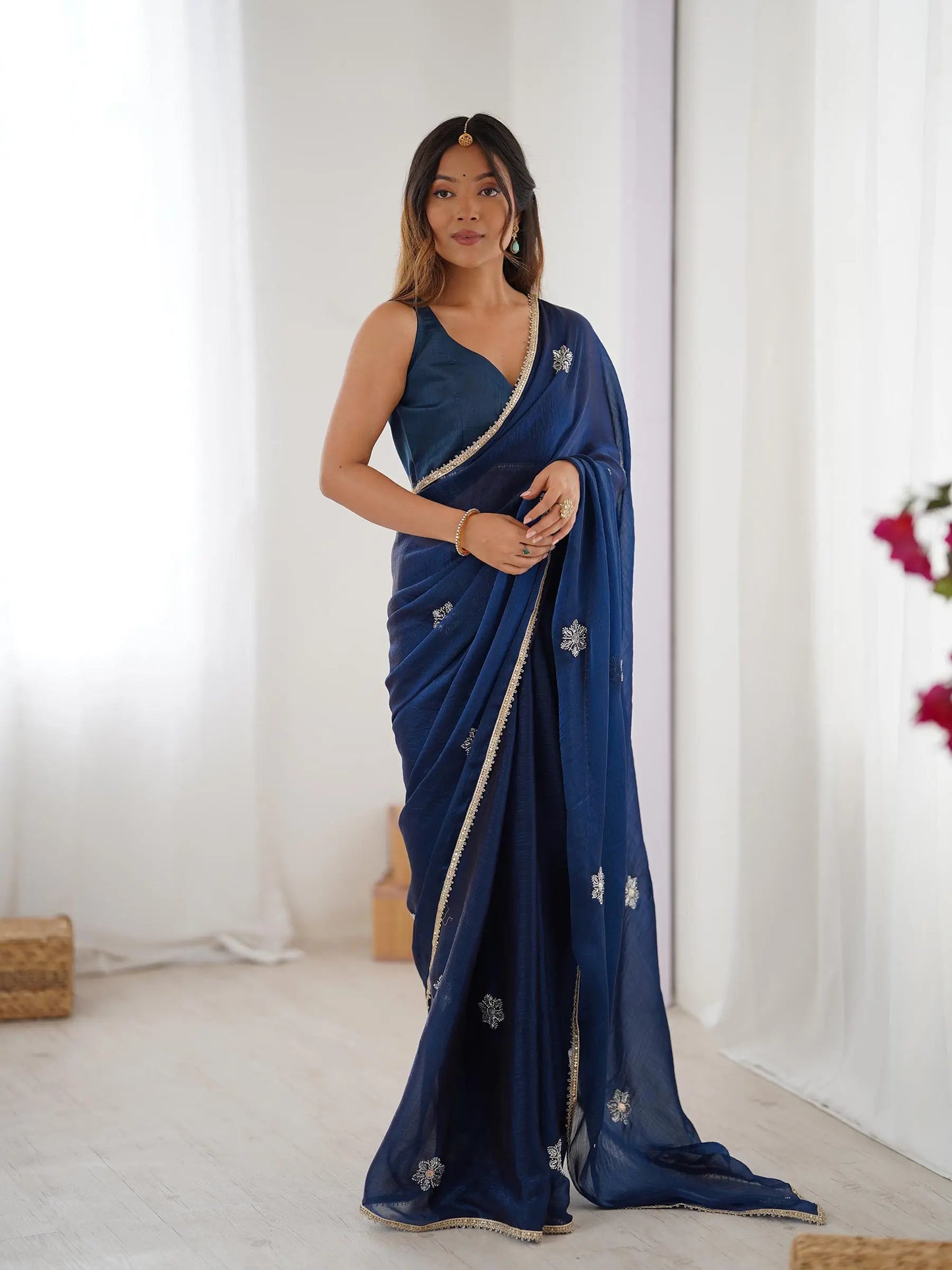 Dark Blue Designer Fendy Saree with Beads & Sequin Work