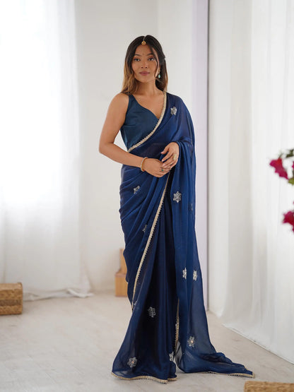 Dark Blue Designer Fendy Saree with Beads & Sequin Work