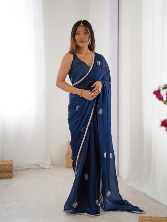 Dark Blue Designer Fendy Saree with Beads & Sequin Work