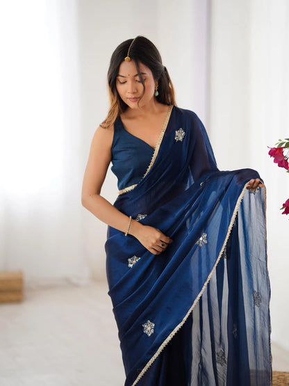 Dark Blue Designer Fendy Saree with Beads & Sequin Work