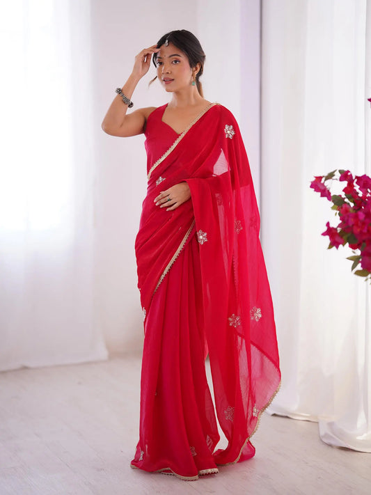 Red  Designer Fendy Saree with Beads & Sequin Work
