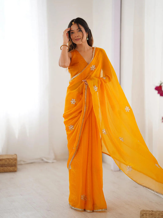 Mustard Yellow  Designer Fendy Saree with Beads & Sequin Work