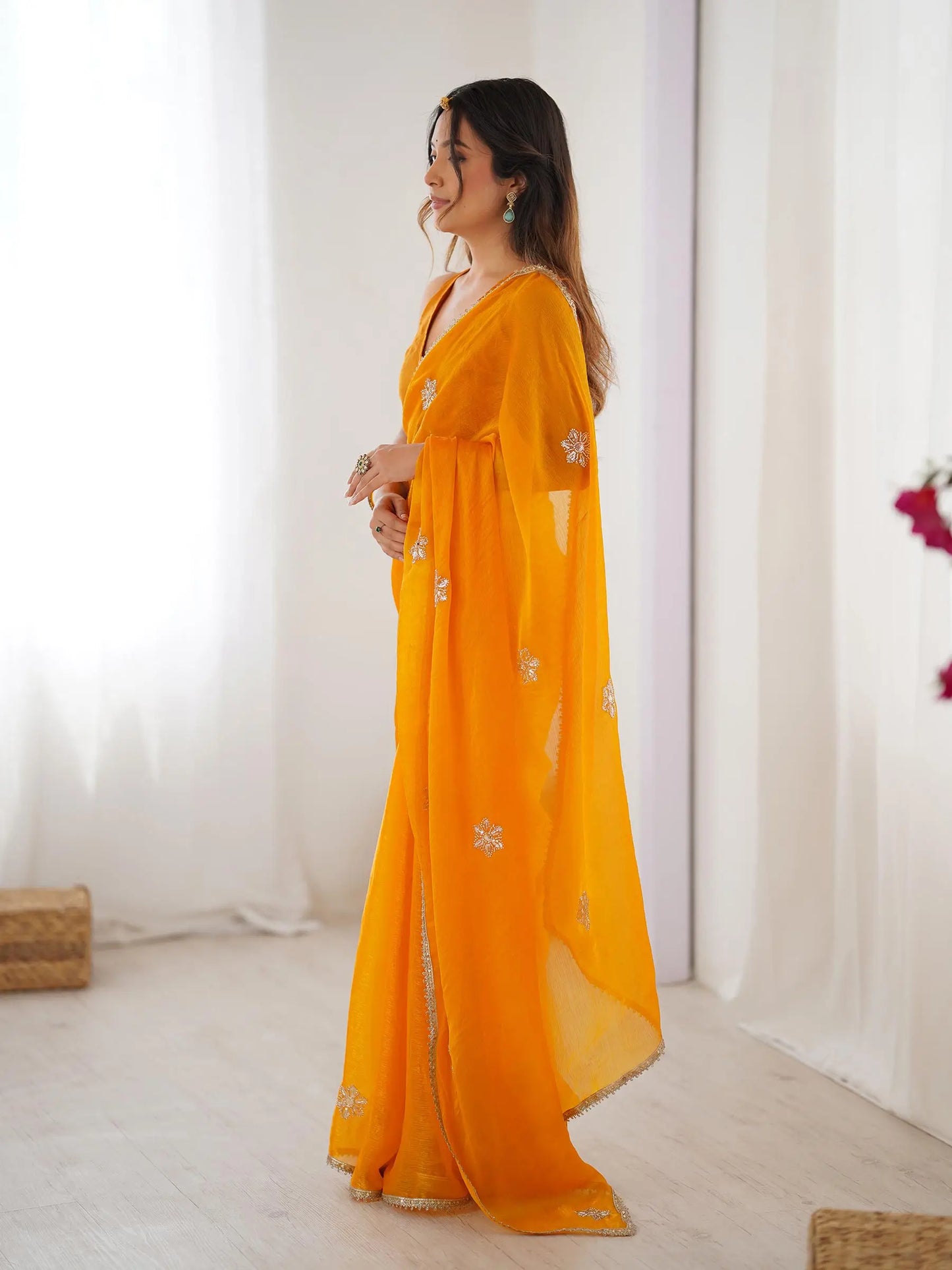 Mustard Yellow  Designer Fendy Saree with Beads & Sequin Work