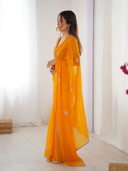 Mustard Yellow  Designer Fendy Saree with Beads & Sequin Work