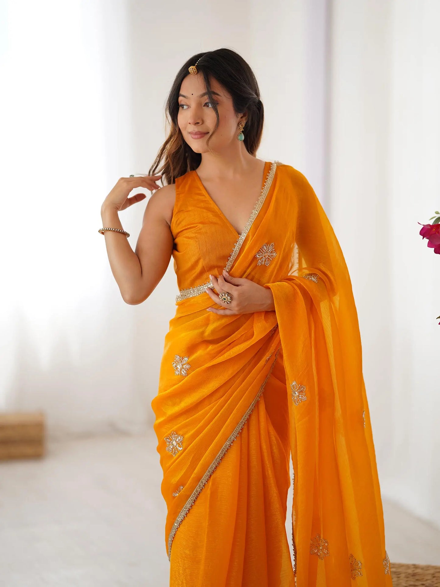Mustard Yellow  Designer Fendy Saree with Beads & Sequin Work