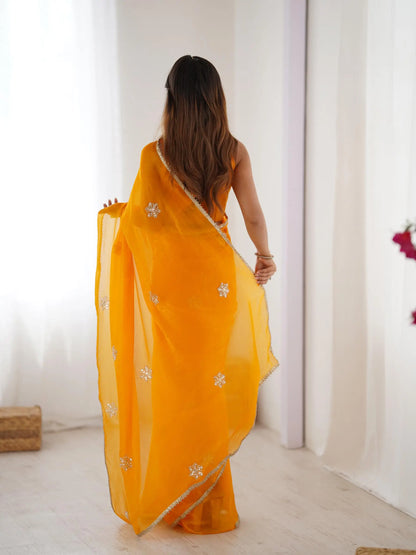 Mustard Yellow  Designer Fendy Saree with Beads & Sequin Work