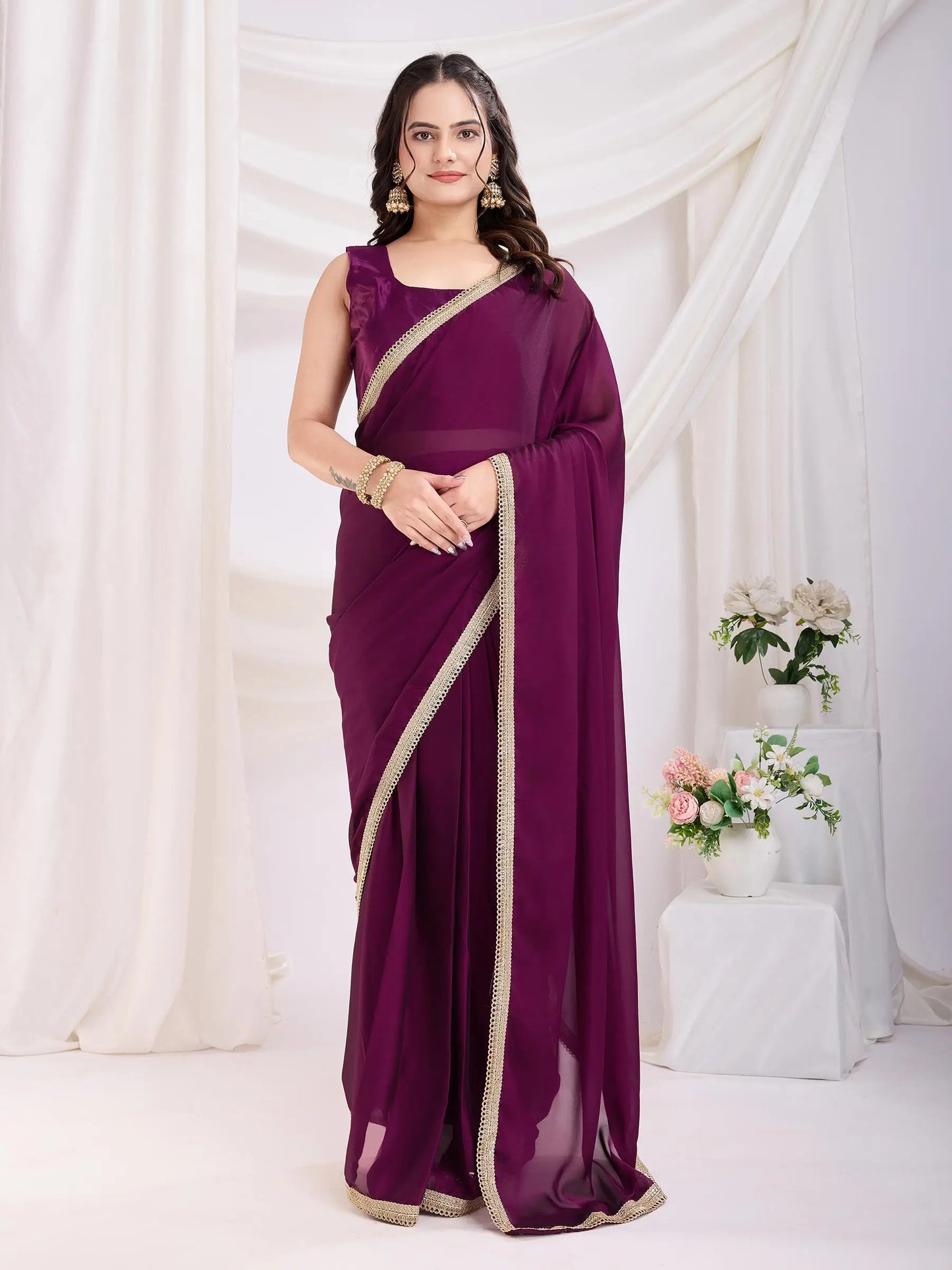 Wine Solid Lace Border With Rangoli Silk Ready to wear Saree