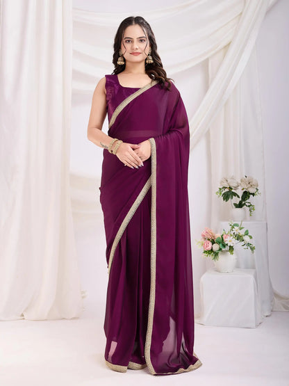 Wine Solid Lace Border With Rangoli Silk Ready to wear Saree