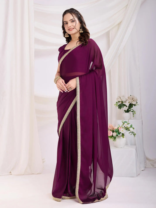 Wine Solid Lace Border With Rangoli Silk Ready to wear Saree