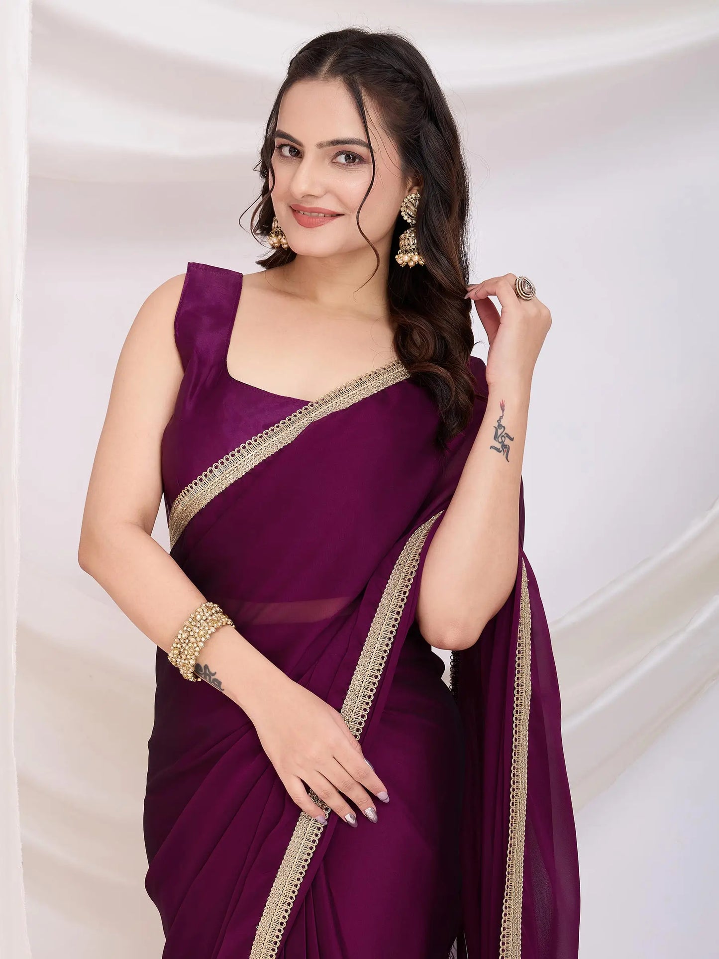 Wine Solid Lace Border With Rangoli Silk Ready to wear Saree