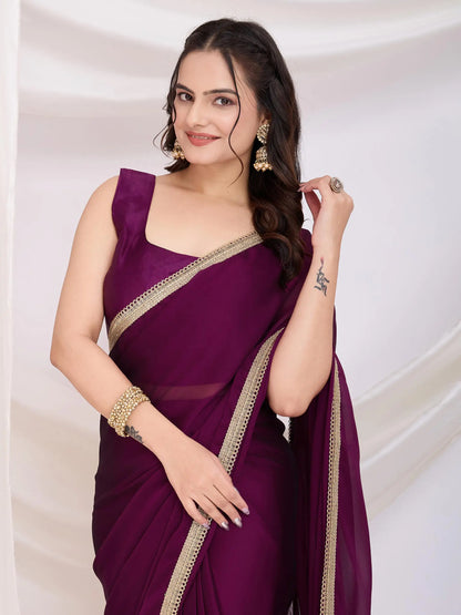 Wine Solid Lace Border With Rangoli Silk Ready to wear Saree