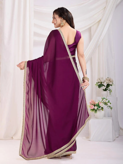 Wine Solid Lace Border With Rangoli Silk Ready to wear Saree