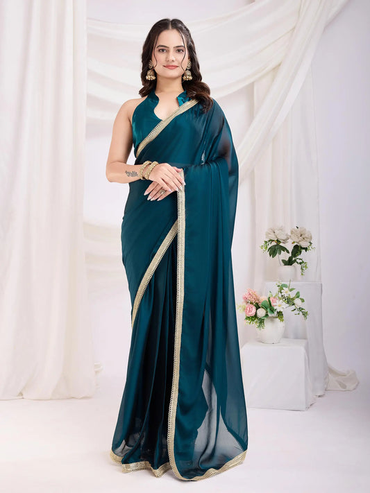 Teal Blue Solid Lace Border With Rangoli Silk Ready to wear Saree